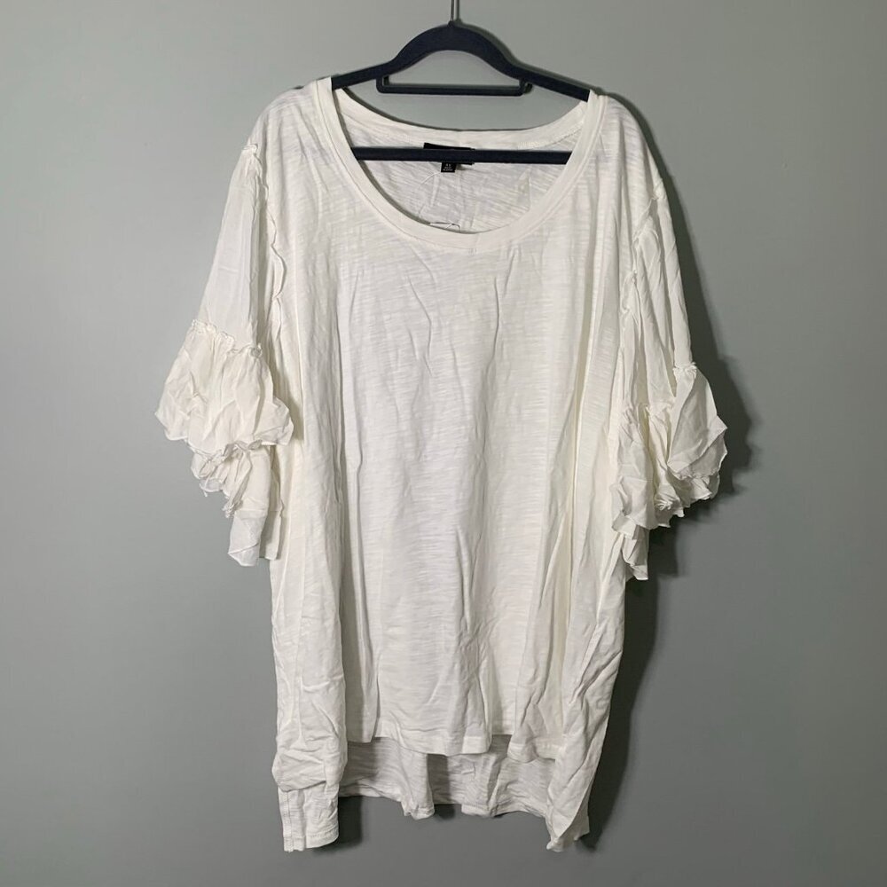 NEW Suzanne Betro Ruffle Sleeve Top Womens 4X White Slub Knit Scoop Neck